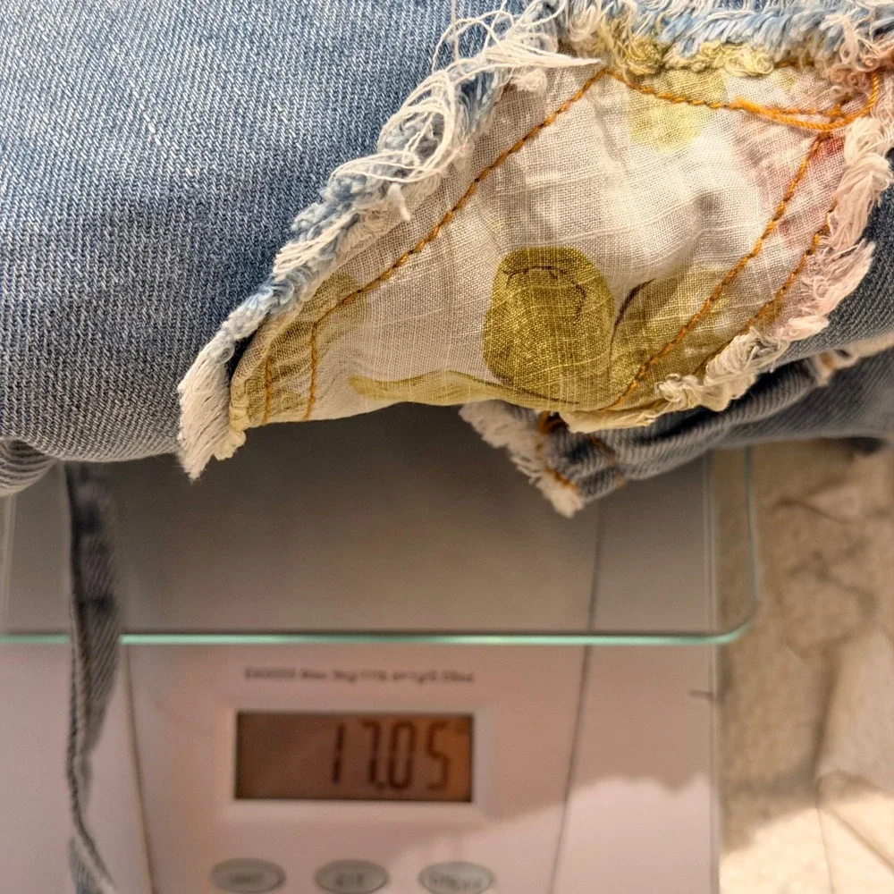 189. Floral Patchwork Heart Embroidered Wide Leg Jeans Light Wash Lace Trim Boho
